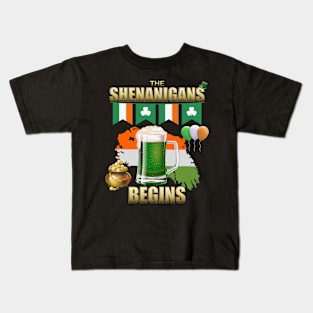 Let The Shenanigans Begin, Shamrock, St Paddy's Day, Ireland, Green Beer, Four Leaf Clover, Beer, Leprechaun, Irish Pride, Lucky, St Patrick's Day Gift Idea Kids T-Shirt